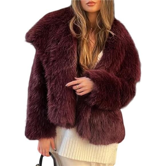 Jackets & Blazers - Womens Faux Fur Coat Lapel Open Front Fluffy Shaggy Jacket Winered
